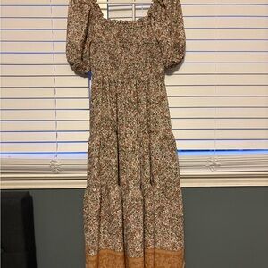 Miami Floral Long Sleeve Dress with Brown Hem